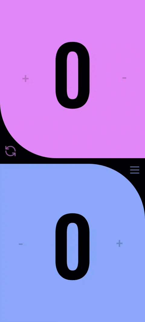 Screen recording showing the Lore Tracker app in use, increasing lore for both players and resetting the score with one tap when done.